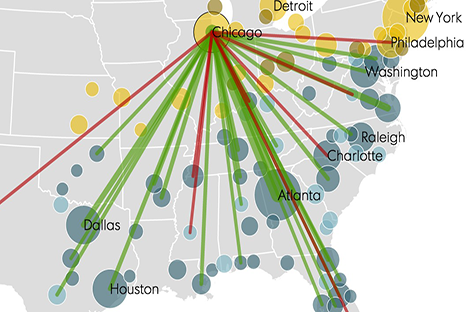 Map of metro areas showing the net gain and net loss of African Americans from 2005-2010